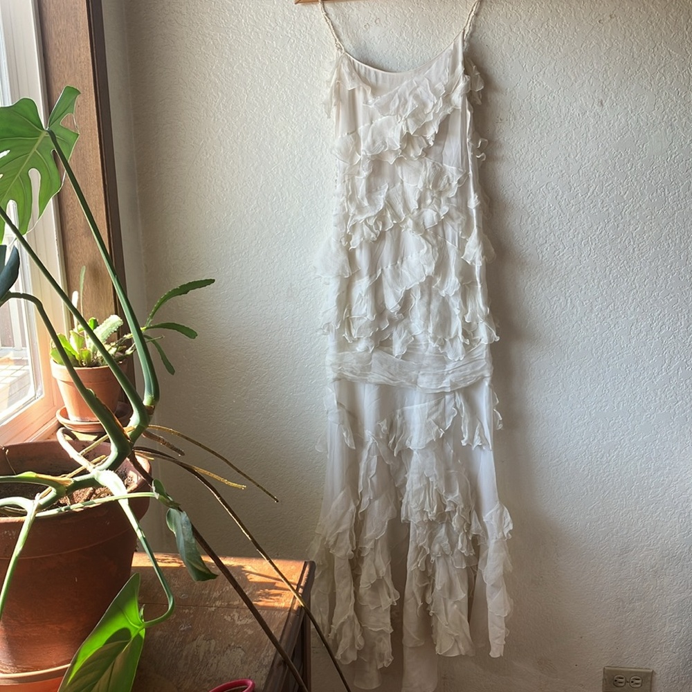 John Galliano 100% Silk White w. Sparkle Ruffle Maxi Dress PRICE FIXED women 4 - Picture 12 of 17